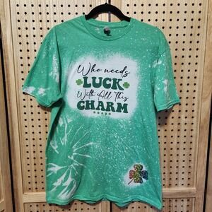 Gildan Lucky 4 Leaf Clover Graphic T-Shirt‎ Bleach Dye St. Patrick's Day Size L